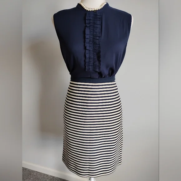 LOFT Cotton Blend Woven Navy Blue Cream/Tan Striped Pencil Skirt Classic Size 10 - Picture 3 of 16